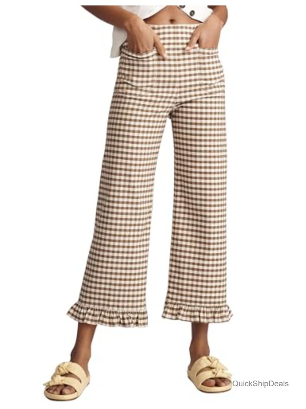 Women's Plaid Flare Pants Cotton Ruffled Cropped Y2K Wide Leg High Waist Pockets